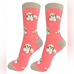 Shih Tzu Dog Pattern Socks Coral Pink